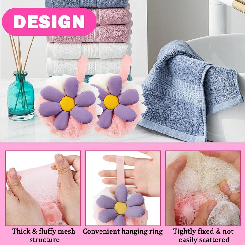 2PCS Cute Flower Bath Sponges Loofah Mesh Pouf Body Scrubber Exfoliating Shower Sponge for Women Shower Puff Soft Loofah Sponge Ball Bath Sponge for Sensitive Skin in Beauty Bathing Accessories