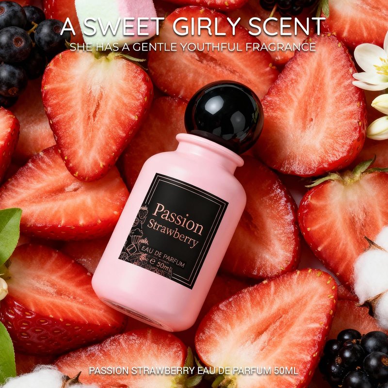Passion Strawberry Eau de Parfum for Women, 1.7 fl oz Long-Lasting Gourmand Perfume with Strawberry, Cream, Musk & Marshmallow Cotton Candy – Sweet Fruity Floral Scent, Elegant Women’s Fragrance Gift