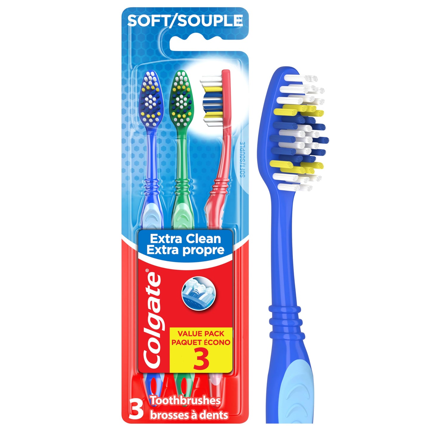Colgate Extra Clean Toothbrush, Soft Toothbrush for Adults, 3 Count (Pack of 1)