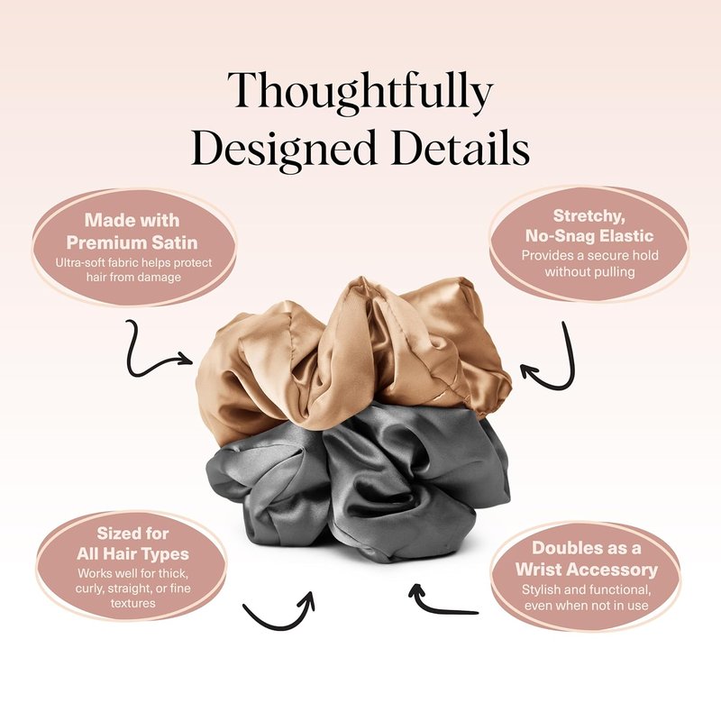 Satin Scrunchies for Women - No Crease, Frizz Control | Softer Than Silk Hair Accessories - Charcoal & Gold, 2pcs