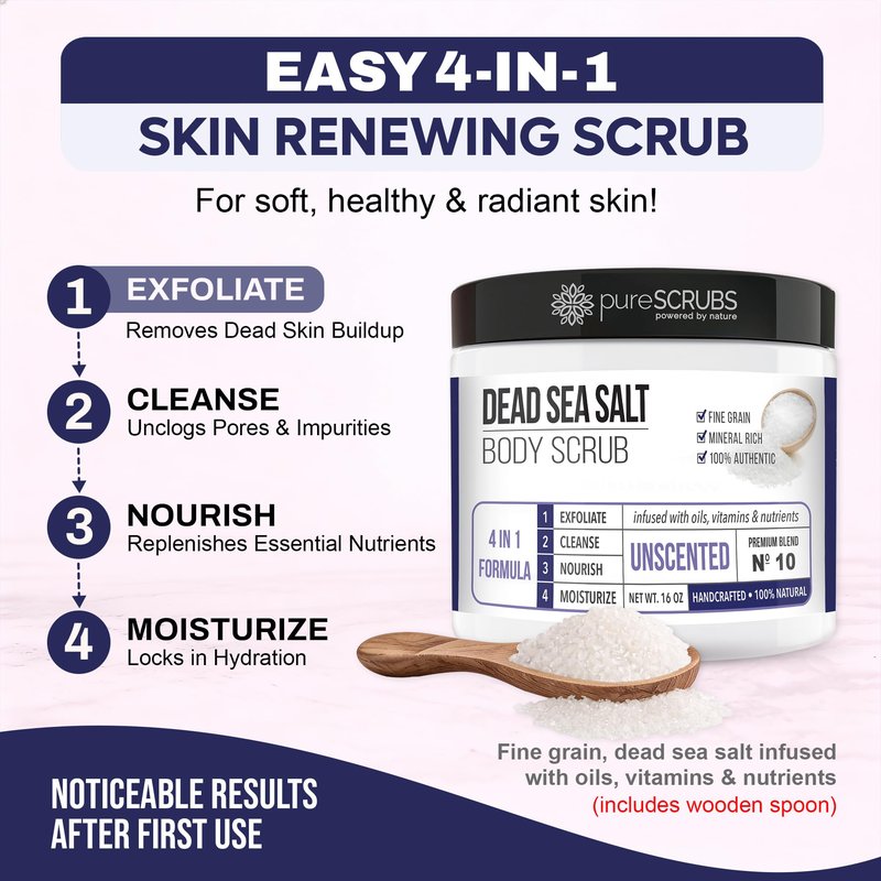 pureSCRUBS Premium Unscented Body Scrub Set - Large 16oz Dead Sea Salt Scrub, Sensitive Dry Skin Formula Includes Wooden Spoon, Loofah & Oatmeal Exfoliating Bar Soap - Spa Gift For Women