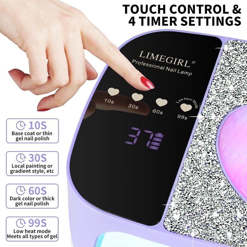 LIMEGIRL UV LED Nail Lamp Kit - Fast Curing Gel Polish Dryer with 4 Timer Settings | Cordless & Rechargeable