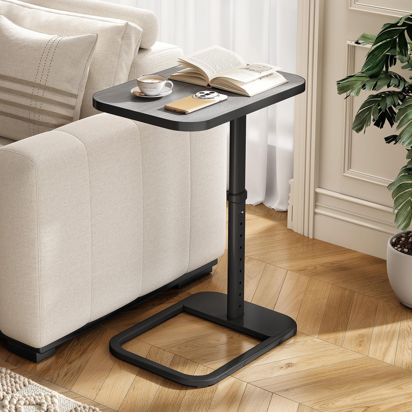 Kitstorack Upgraded TV Tray Table with Panel Lock, 90° Flip-Over Design & Adjustable Height, Sofa Arm Side Table for Eating, Laptop, Couch, Bed, or Small Spaces, Dark Gray