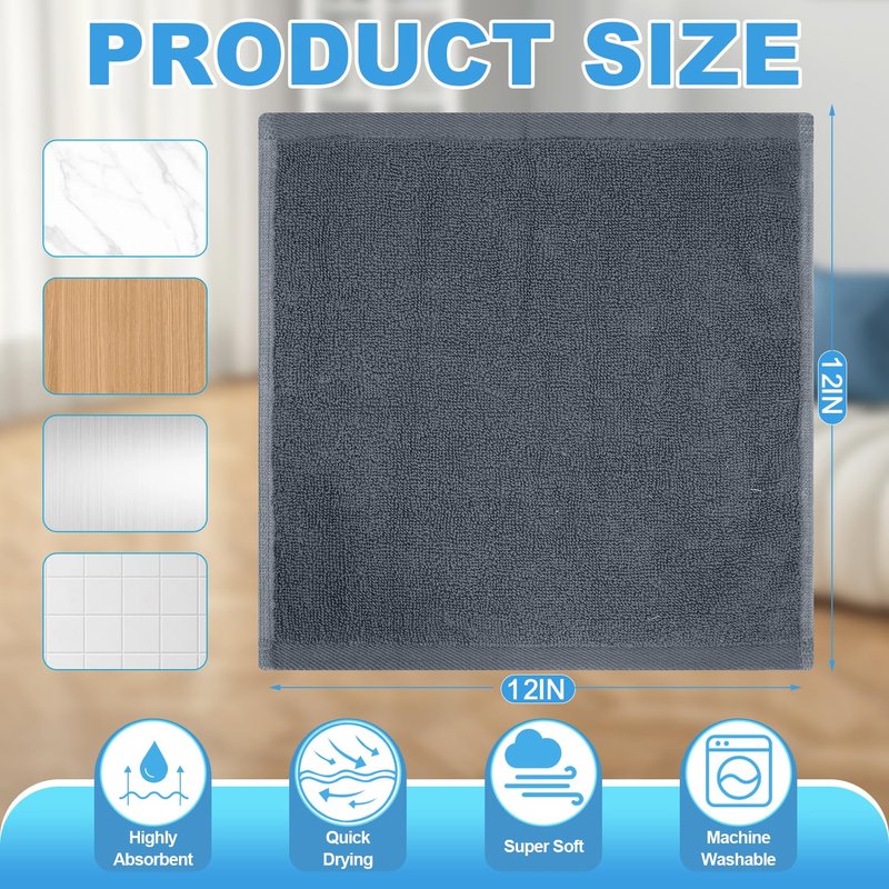 Keith Lun 6 Pack 100% Cotton Wash Cloth, 12x12Inch Highly Absorbent and Soft Feel Fingertip Towels, Machine Washable Washcloths for Bathroom, Gym, Hotel, Spa and Kitchen, Grey