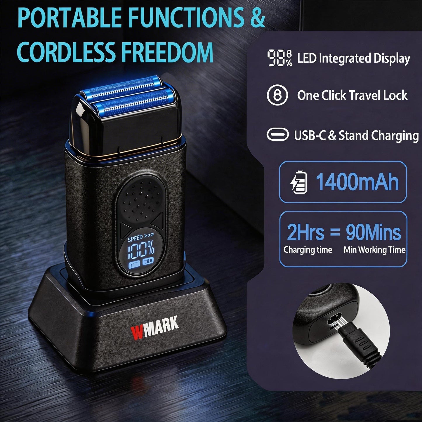 WMARK Electric Foil Shavers for Men Electric Razor for Men Cordless Beard Shaver with UV Protection, High Speed DC Motor 3 Speed, Stainless Steel Titanium 2-Blade Floating, USB Rechargeable NG-8906