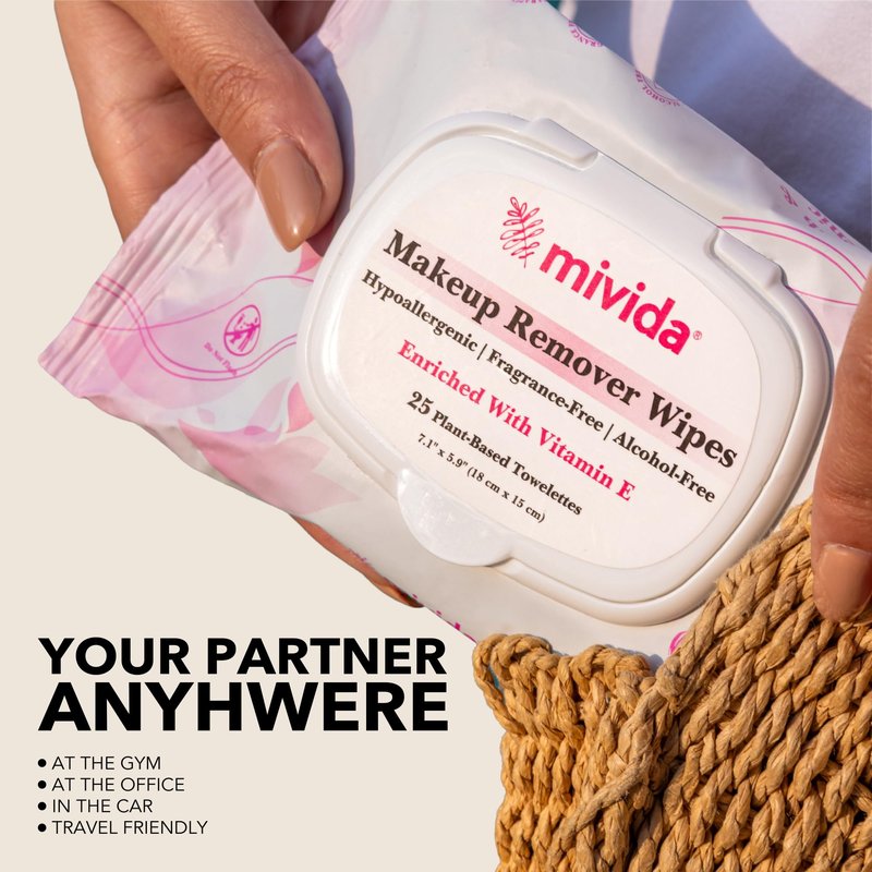 mivida Hypoallergenic Makeup Remover Wipes With Vitamin E, Dermatologist Tested, Alcohol Free & Fragrance Free Makeup Wipes For Sensitive Skin Make Up Remover, Travel Friendly 2 × 25 Count