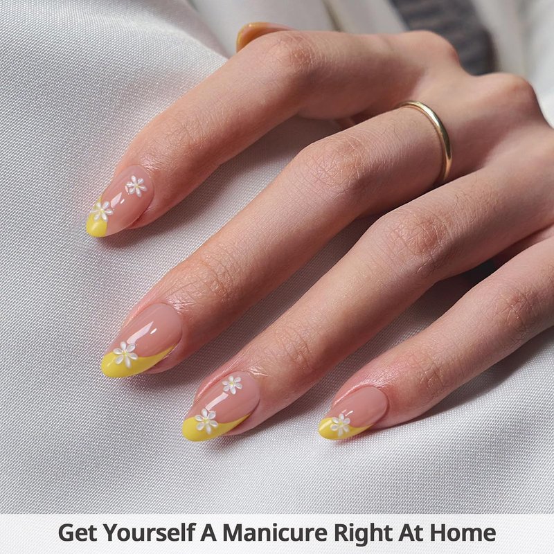French Tip Press On Nails - Semi-Transparent Short Almond Gel Nails | 32-Piece Kit in 16 Sizes with Glue