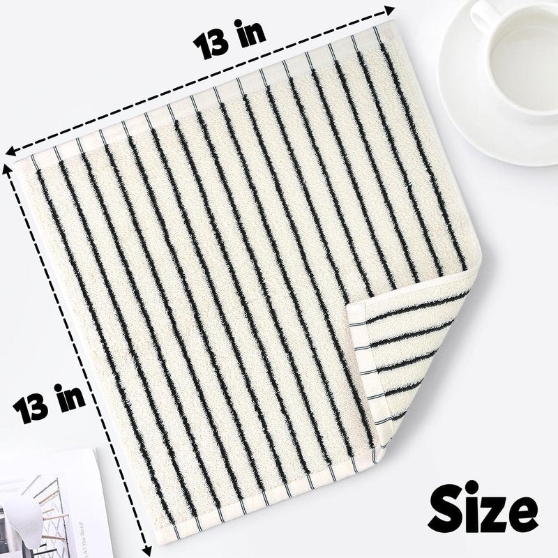 Jacquotha Striped Cotton Washcloths 4 Pack, 13” x 13” - Soft Wash Cloths for Bathroom, Kitchen, Gym, Face, Black and Cream