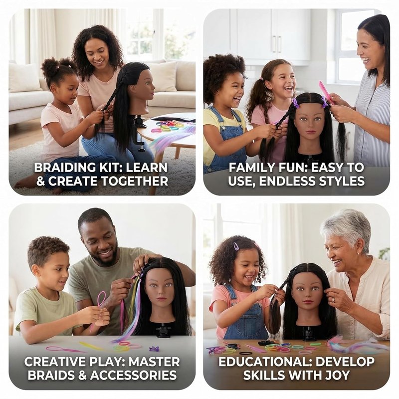 Human Hair Mannequin Head - 16 Inch Braiding Practice Head with Clamp Stand | Ideal for Kids & Cosmetology (Black)