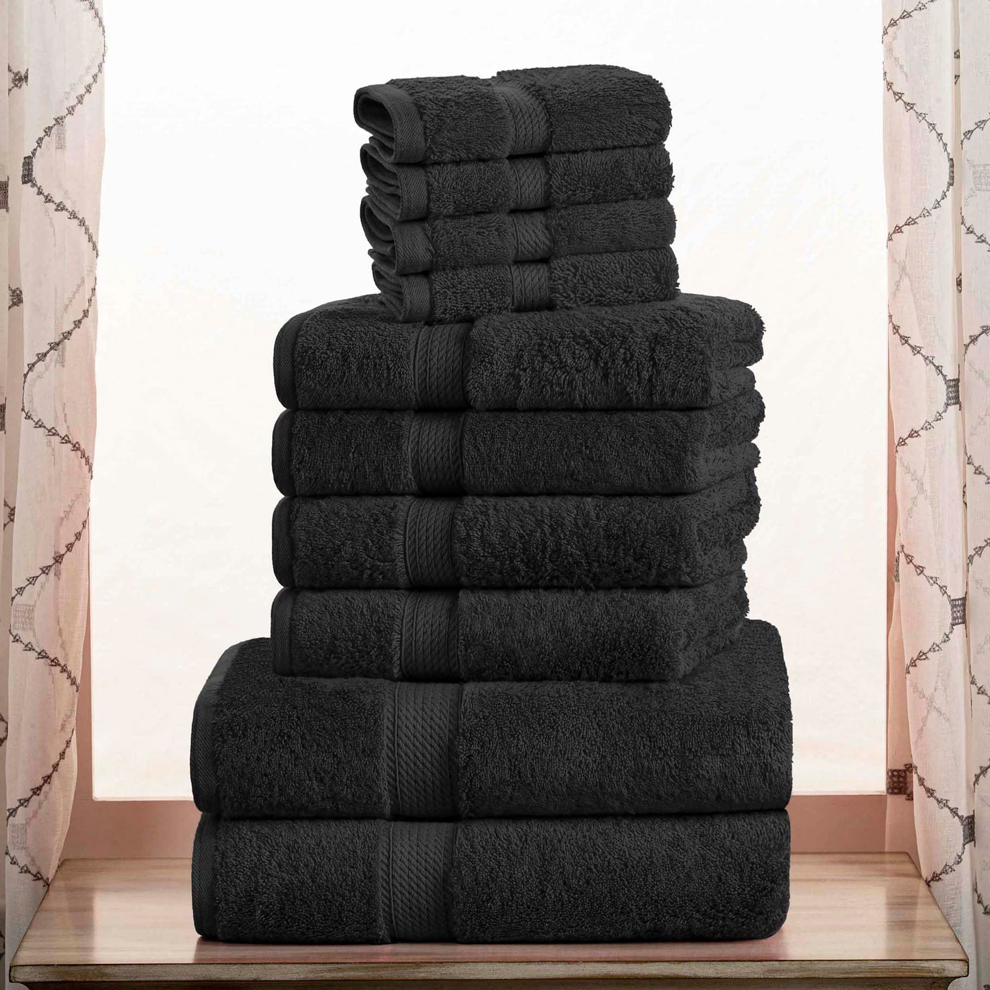 Superior Egyptian Cotton Pile 10 Piece Towel Set, Includes 2 Bath, 4 Hand, 4 Face Towels/ Washcloths, Ultra Soft Luxury Towels, Thick Plush Essentials, Guest Bath, Spa, Hotel Bathroom, Black