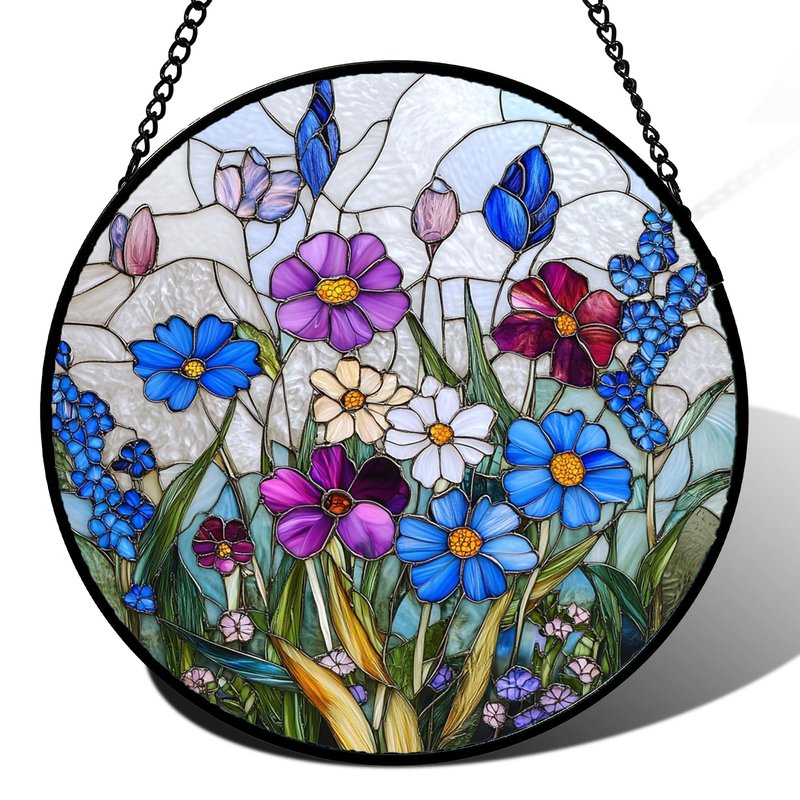 GEFOS Stained Glass Window Hanging Blue Purple Wildflowers 9.8" - Suncatcher Door Garden Sunroom Sun Catcher Home Decor Birthday Christmas for Mom Men Woman Nana Friend