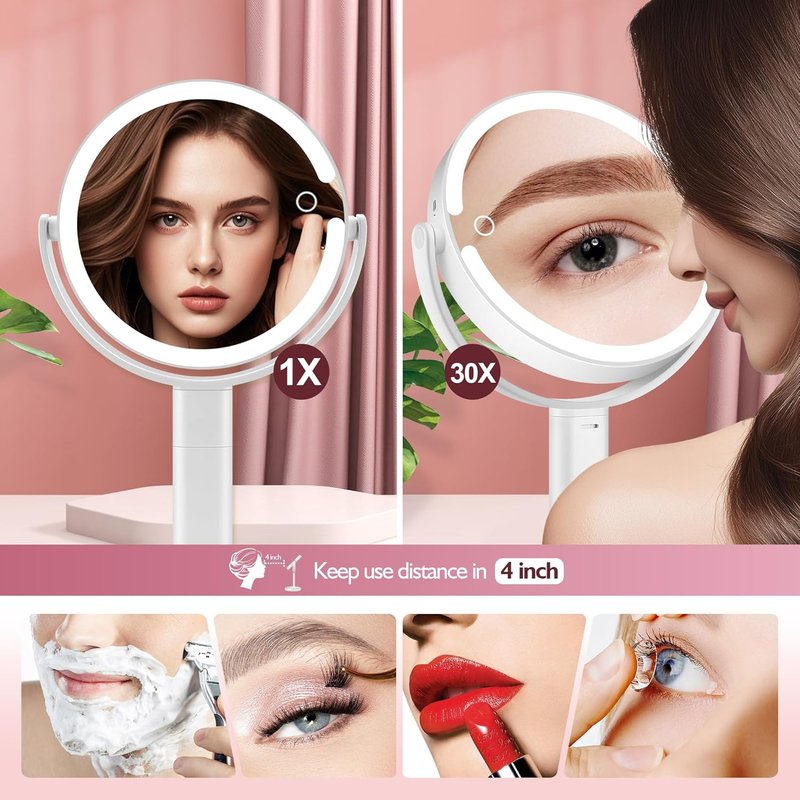 Makeup Mirror with Lights - 30X Magnifying & Height Adjustable | 3 Light Modes, Stepless Dimming, White Vanity Mirror