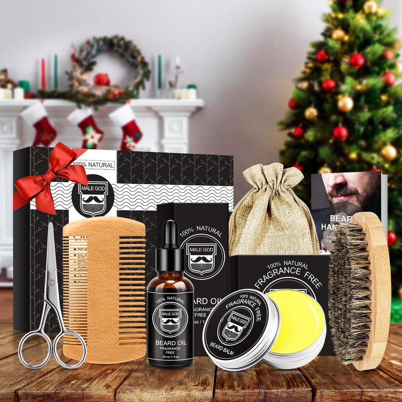 MALE GOD Beard Kit for Men Grooming & Care, Beard Growth Kit w/Natural Ingredients Beard Oil, Balm, Brush, Comb, Father's Day & Chirismtas & Birthday Gifts for Men Dad Him Husband Boyfriend