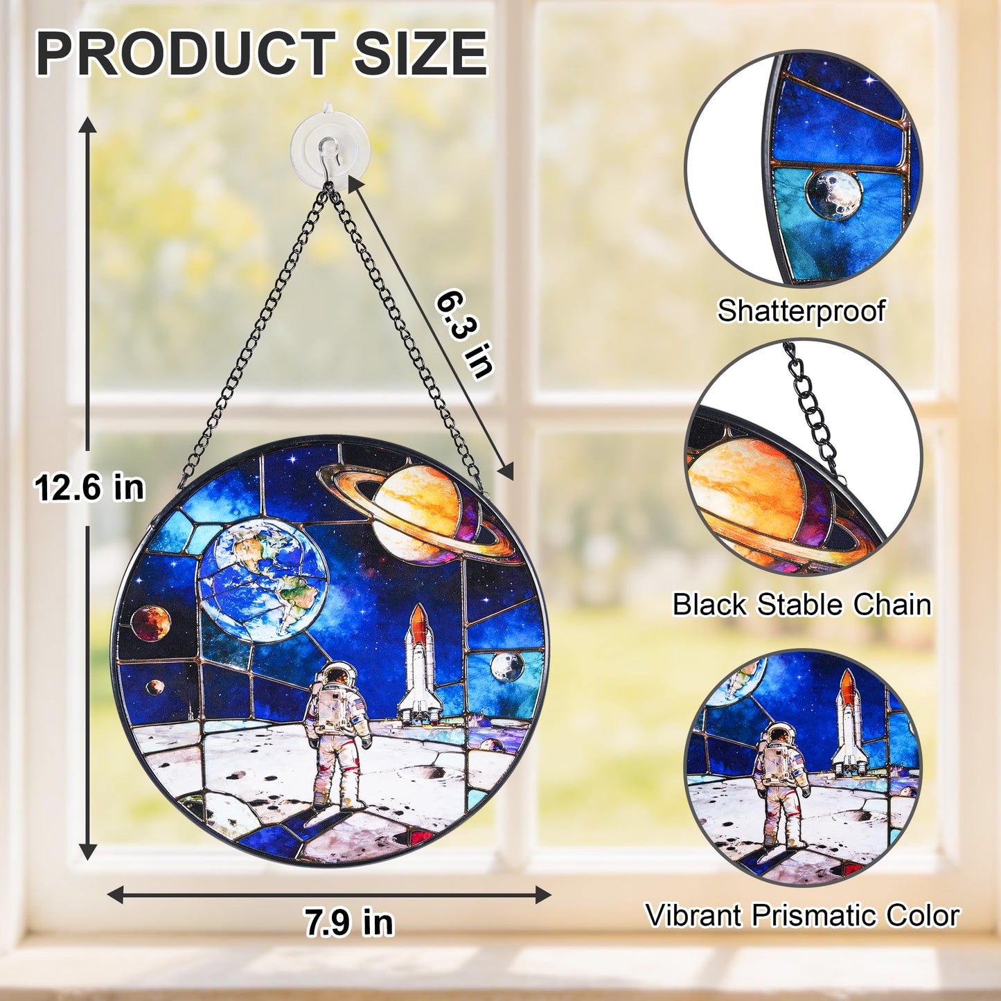 Stained Glass Window Hanging Suncatchers with Armstrong's Moon Landing 12.6", Vibrant Glass Panel with Metal Chain for Home Decor Gift for Women Mother's Day, Birthday, Men, and Mom