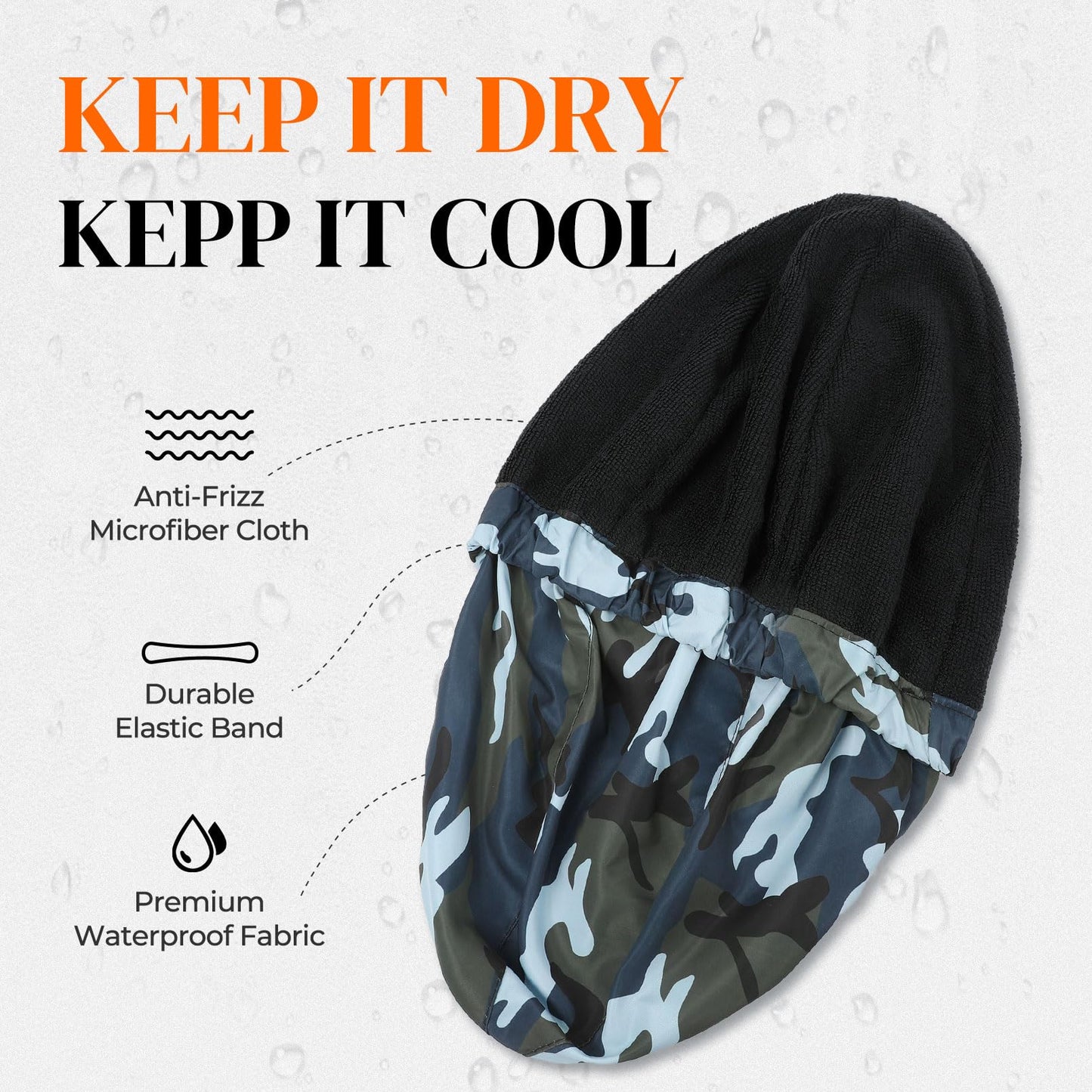 Shower Cap for Men Blue Camouflage Bath Cap, Reversible Large Waterproof Adjustable Shower Caps Terry Lining & Elastic Band Stretch Hem Hair Hat