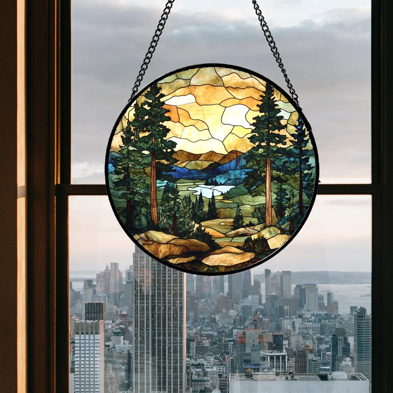 GEFOS Stained Glass Window Hanging Forest Lake Mountain Sunset 7.8" - Suncatcher Door Garden Sunroom Sun Catcher Home Decor Birthday Christmas for Mom Men Woman Nana Friend