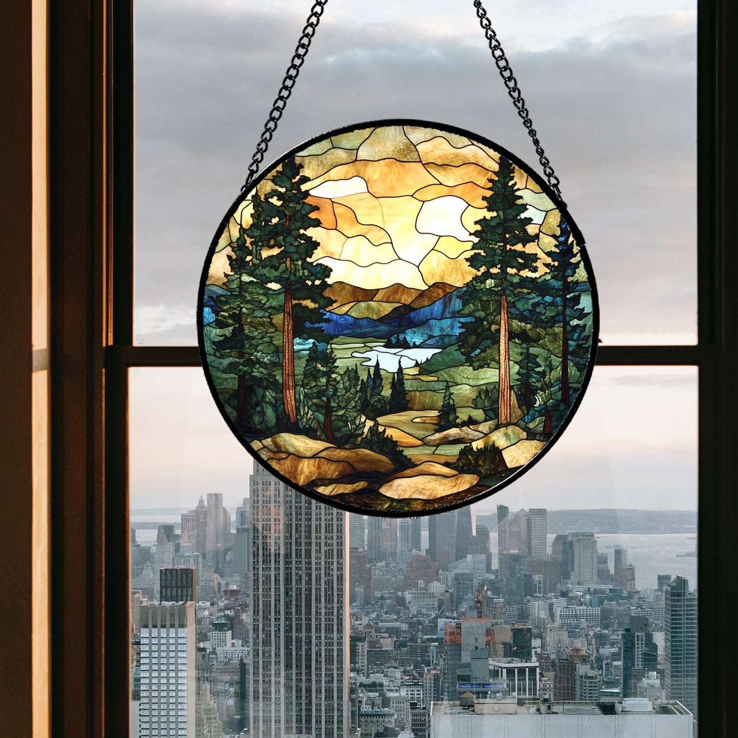 GEFOS Stained Glass Window Hanging Forest Lake Mountain Sunset Large 11.8" - Suncatcher Door Garden Sunroom Sun Catcher Home Decor Birthday Christmas for Mom Men Woman Nana Friend