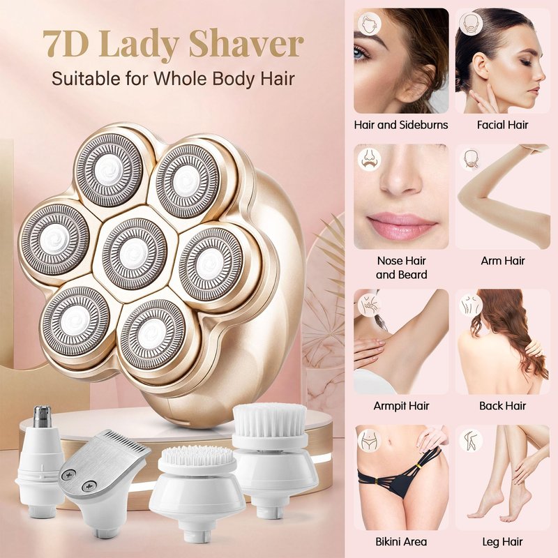 Electric Razors for Women, 5-in-1 Magnetic Electric Shaver for Women, 7D Womens Electric Razor, Wet Dry Bikini Trimmer, Rechargeable Full Body Hair Removal for Face Arms Legs Armpit Pubic Area