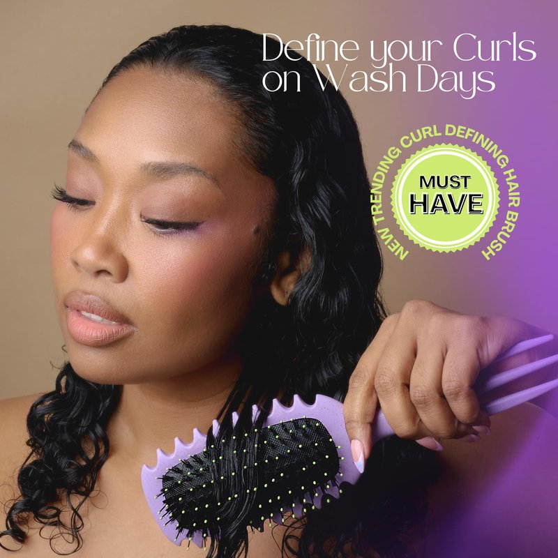 Purple Mango Beauty Curl Trainer Pro Curl Defining Brush for Curly & Wavy Hair, Styling Brush with Built-In Volume Pick - Purple