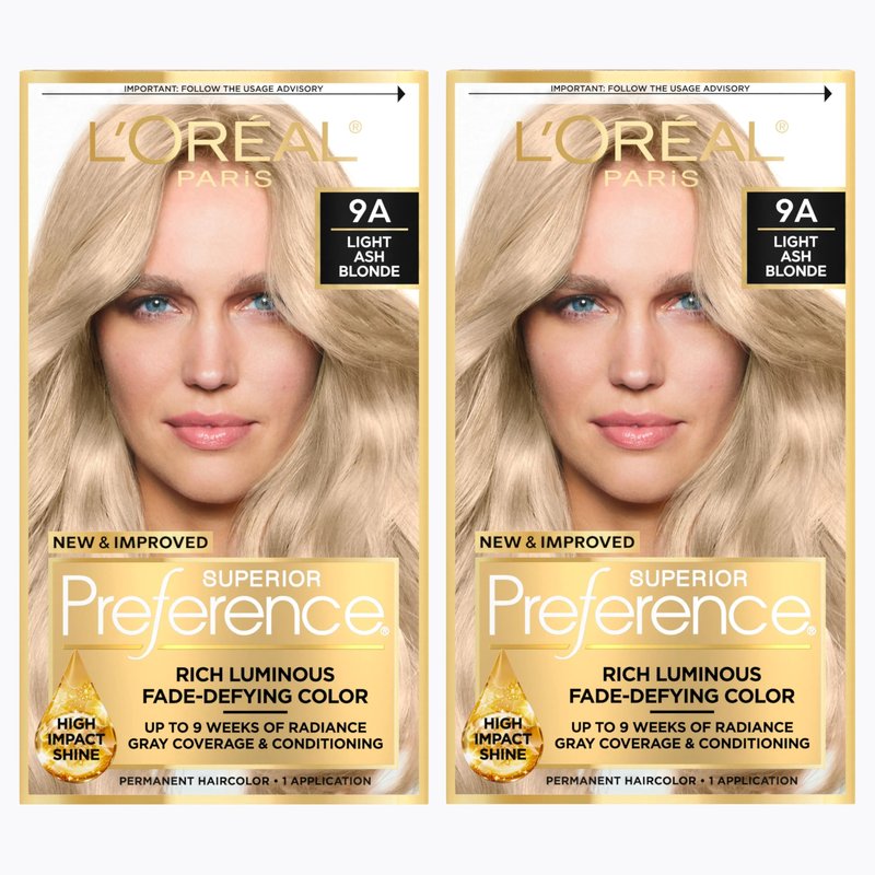 L'Oreal Paris Superior Preference Luminous Fade-Defying Permanent Hair Color, Hair Dye For Up to 9 Weeks of Radiance, Light Ash Blonde 9A, 1 Hair Dye Kit (Pack of 2)
