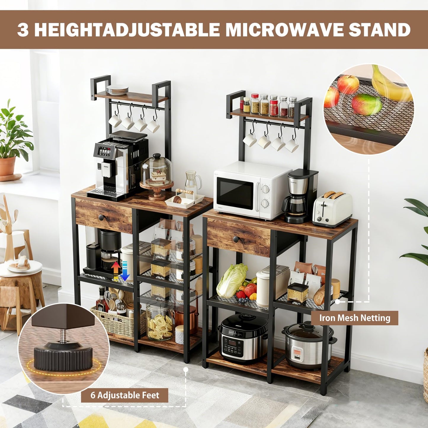 Bakers Rack with Storage,Microwave Stand with Drawer,6 Tier Coffee Bar Organizer Station,Adjustable Microwave Stand with Hooks,Free Standing Kitchen Appliance Storage Shelf,Baker Rack for Spices,Pots