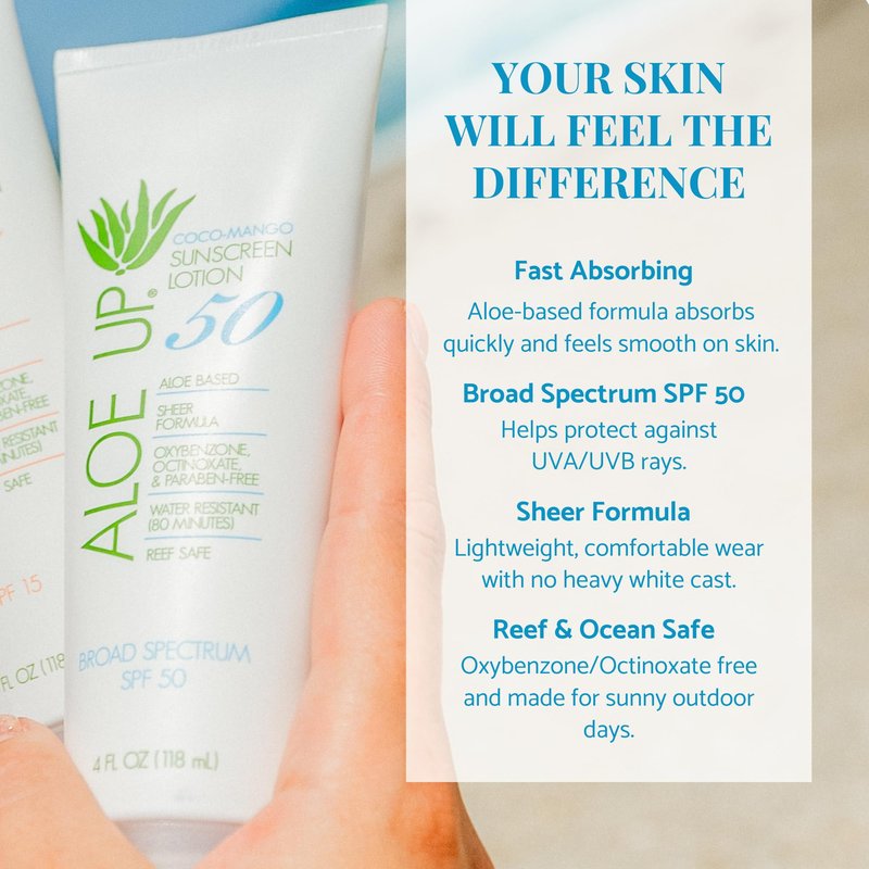 Aloe Up White Collection SPF 50 | Sunscreen Lotion for Face & Body with Aloe Vera Gel | Water Resistant up to 80 Minutes | Reef Friendly, Non Greasy, Fast Absorbing | Coco Mango Fragrance 4 Oz