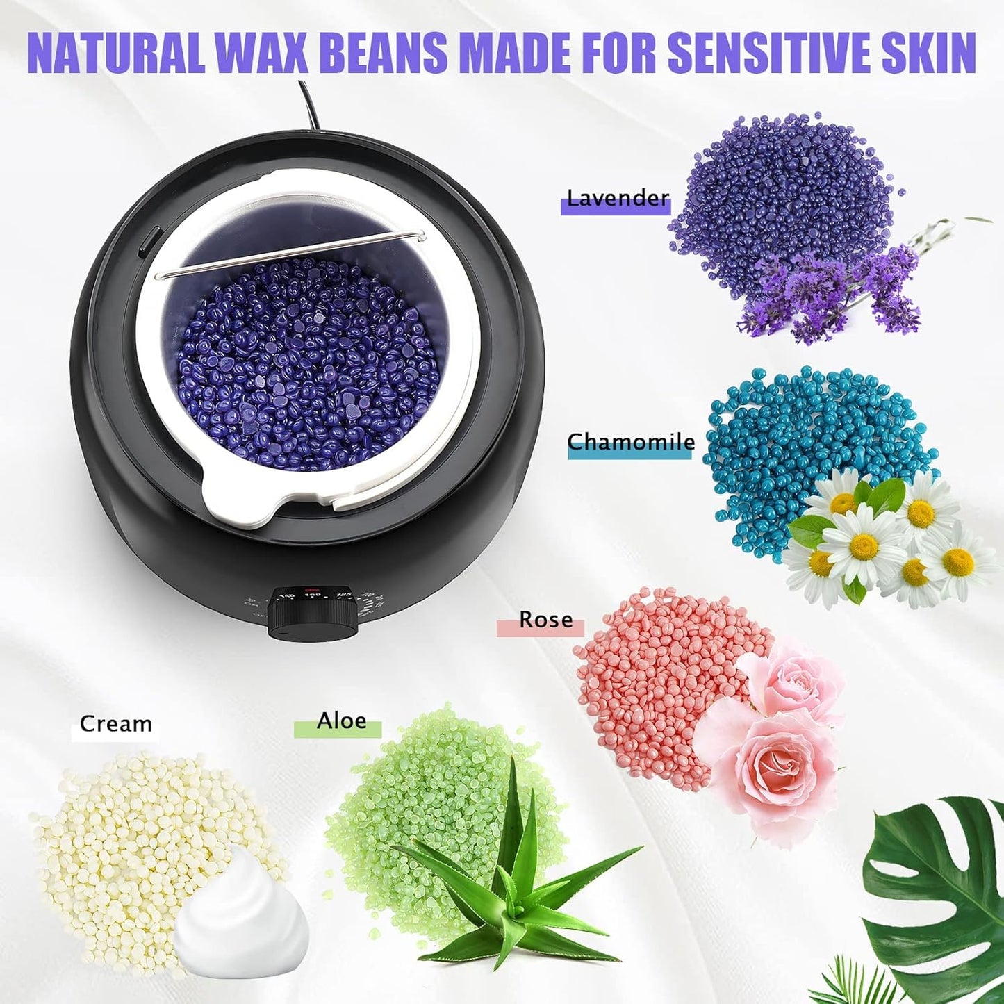 Waxing Kit - Hard Wax Warmer with 14oz & 5 Bags Hard Wax Beans | Full Body, Legs, Face, Eyebrows, Bikini, Brazilian Waxing
