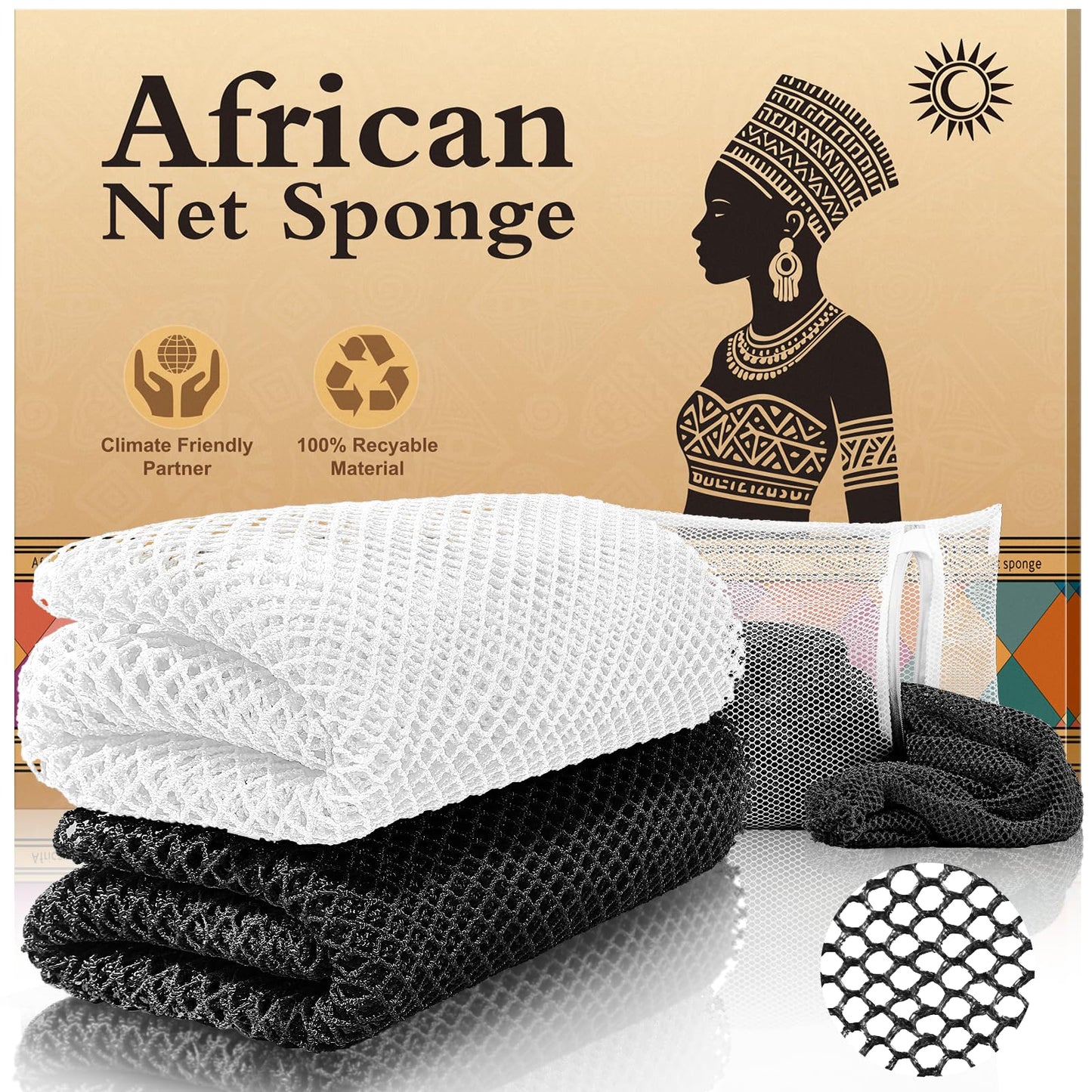 SpiralScgv Authentic African Net Sponge (2PCS) - Exfoliating Bath Tool, Face/Body Exfoliator, Travel Compact, Long-Lasting & Hypoallergenic(Black,White)