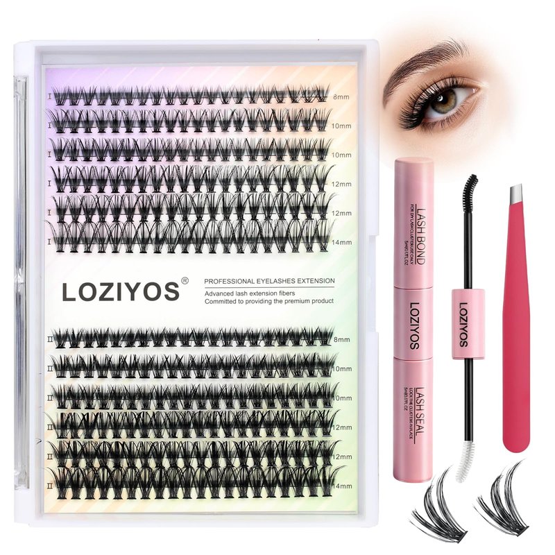 LOZIYOS Clusters Kit Wispy Eyelash Cluster Natural DIY Lash Extension Kit 8-14mm 30D 40D Individual Lashes Kit with Lash Bond and Seal Waterproof Lash Tweezers for Self Use (30D&40D，8-14mm,Kit)