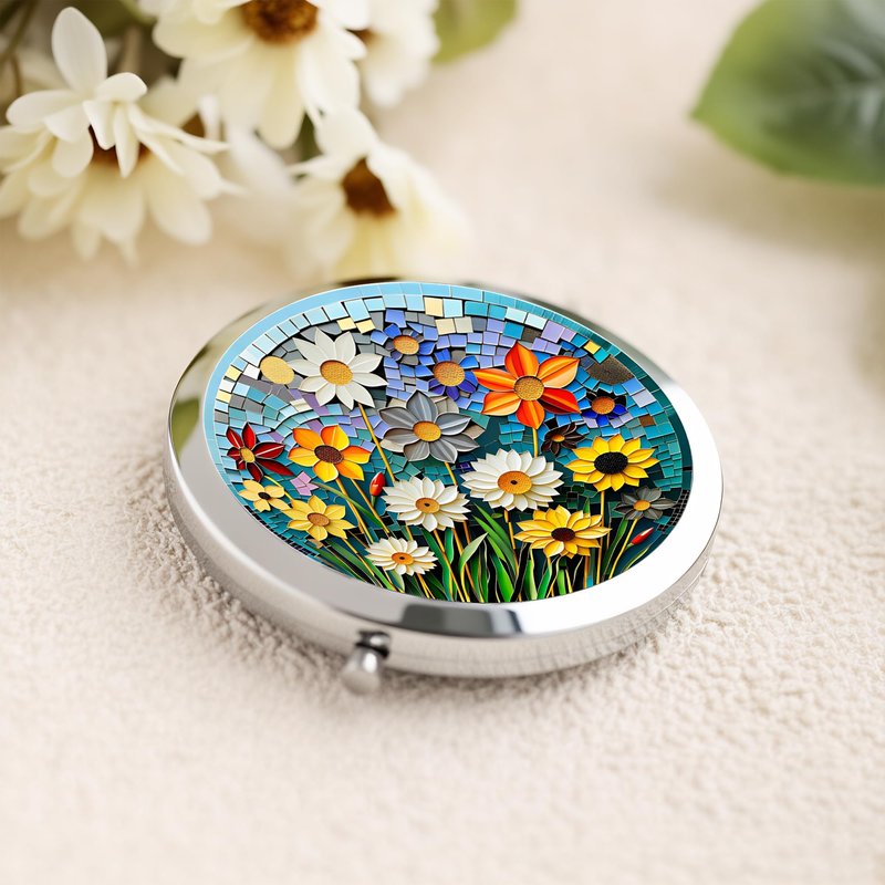 Silver Compact Mirror, 2.8x2.8inch Double-Sided Folding Makeup Mirror with Pink Heart Ornate Relief Design, Ideal Gift for Women