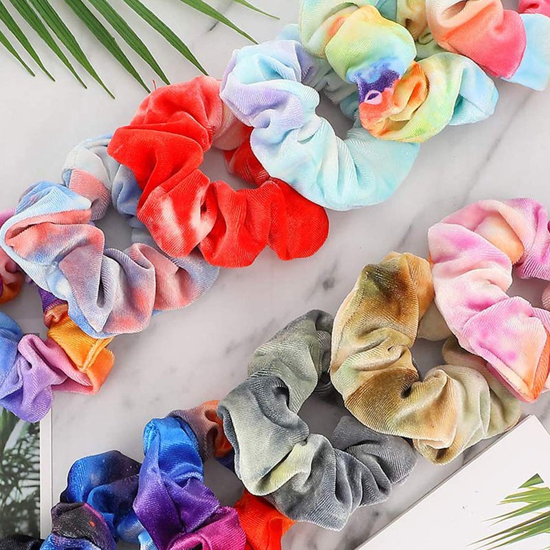 IVARYSS Scrunchies for Girls, 12 Pcs Tie Dye Velvet Scrunchies for Hair, Soft Rainbow Ponytail Holder, Cute Candy Colors Elastic Hair Bands for Teens and Women