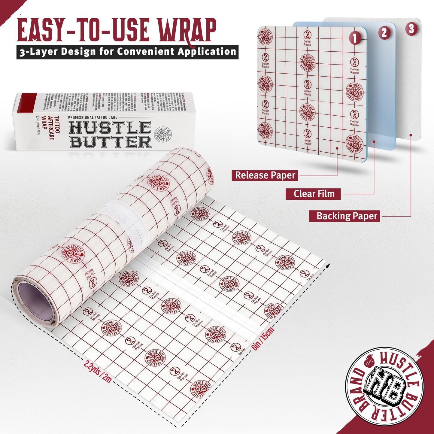 Hustle Butter Second Skin Tattoo Wrap - 6 Inches x 2.2 Yards - Transparent Adhesive Roll - Easy Application & Removal, Mess-Free Wrap - Breathable & Latex-Free - Small to Medium Tattoo Aftercare