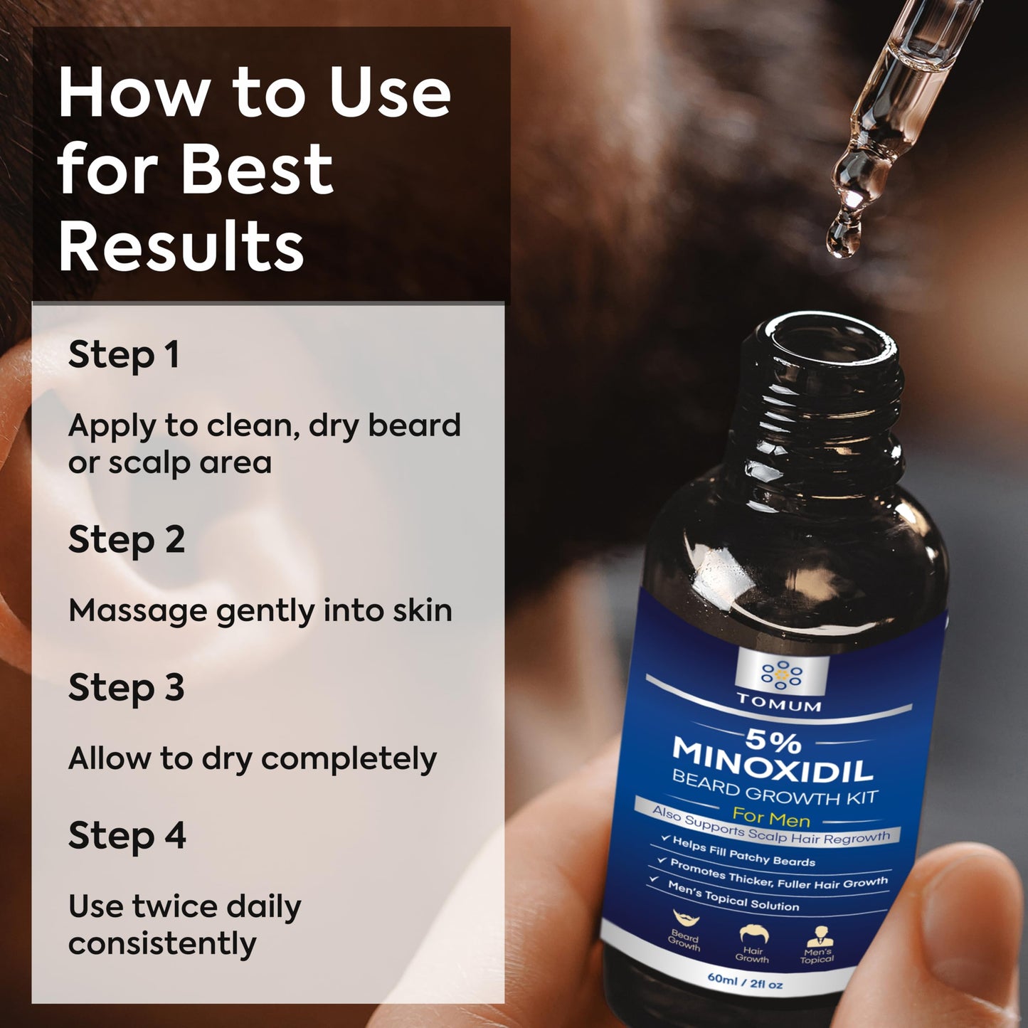 TOMUM 5% Minoxidil Beard Growth Kit for Men – Hair & Beard Regrowth Serum, Helps Fill Patchy Beards, Thicker Fuller Facial & Scalp Hair, Topical Solution