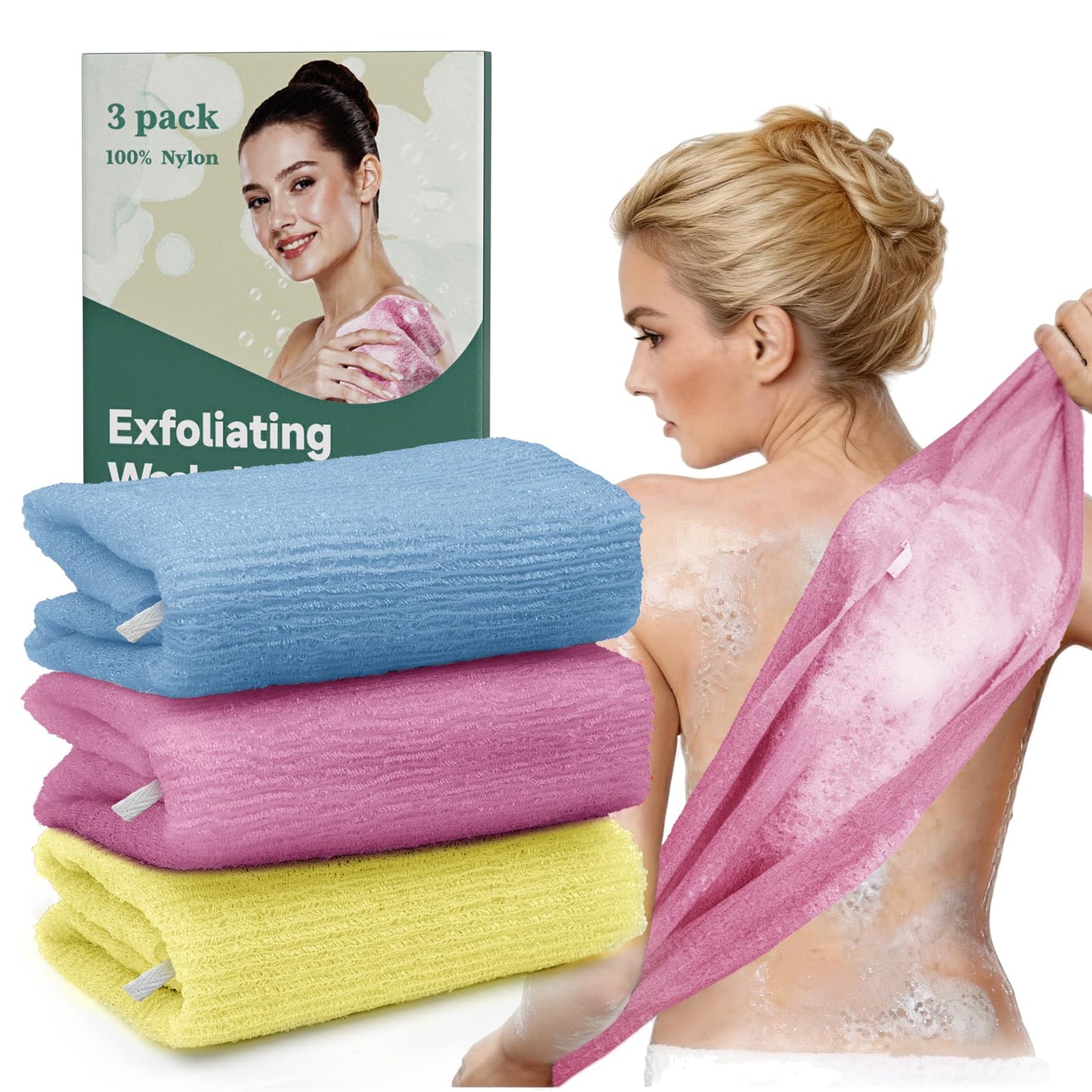 Bathway Exfoliating Washcloth Body Scrubber, 36.8-Inch Quick-Dry Exfoliating Towel, Japanese Loofah Back Scrubber Towel for Women Men (Blue & Rose Red & Yellow, Pack of 3)