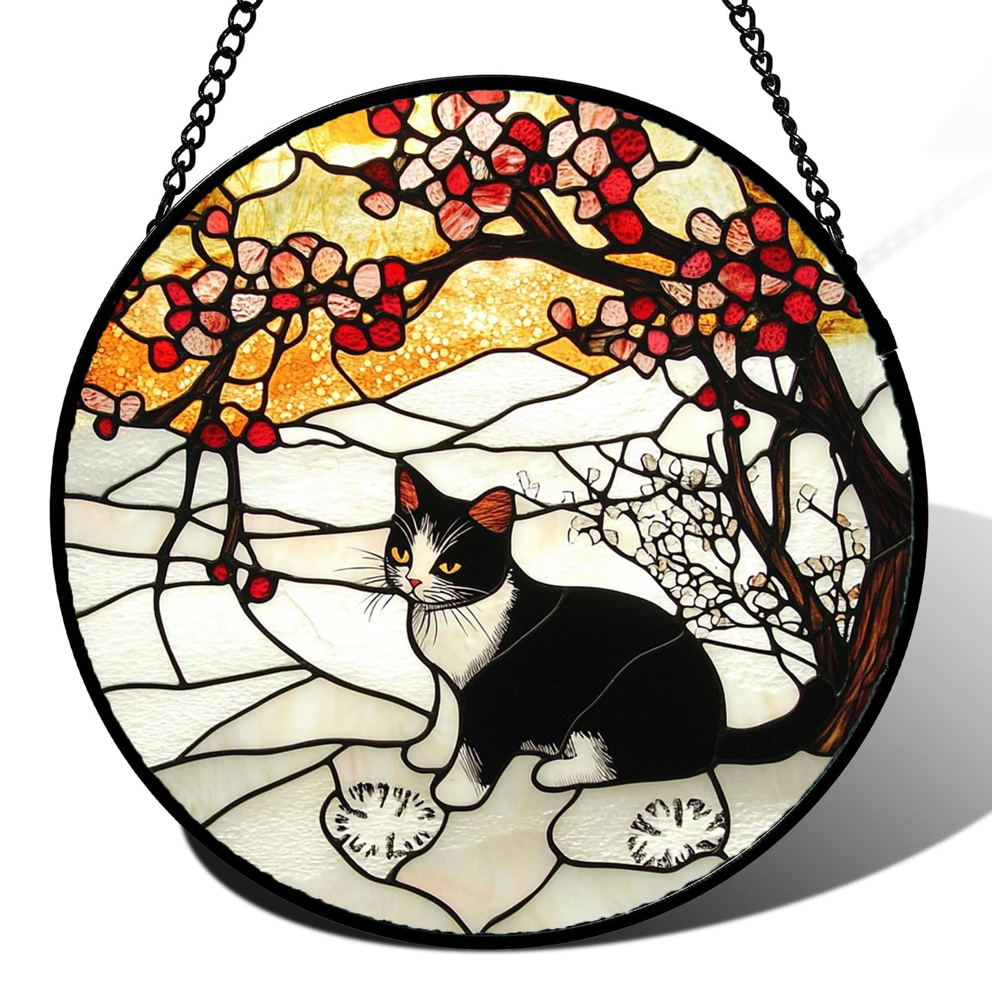 GEFOS Stained Glass Window Hanging Black and White Cat in The Snow Large 15" - Suncatcher Door Garden Sun Catcher Home Decor Birthday Christmas for Cat Lovers Mom Men Woman Nana