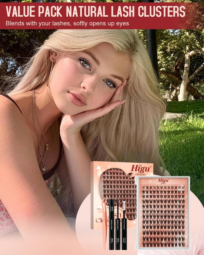 Lash Clusters Kit - 144pcs C Curl Natural Eyelash Extensions | DIY Wispy 8-16mm with Bond & Seal Tweezer