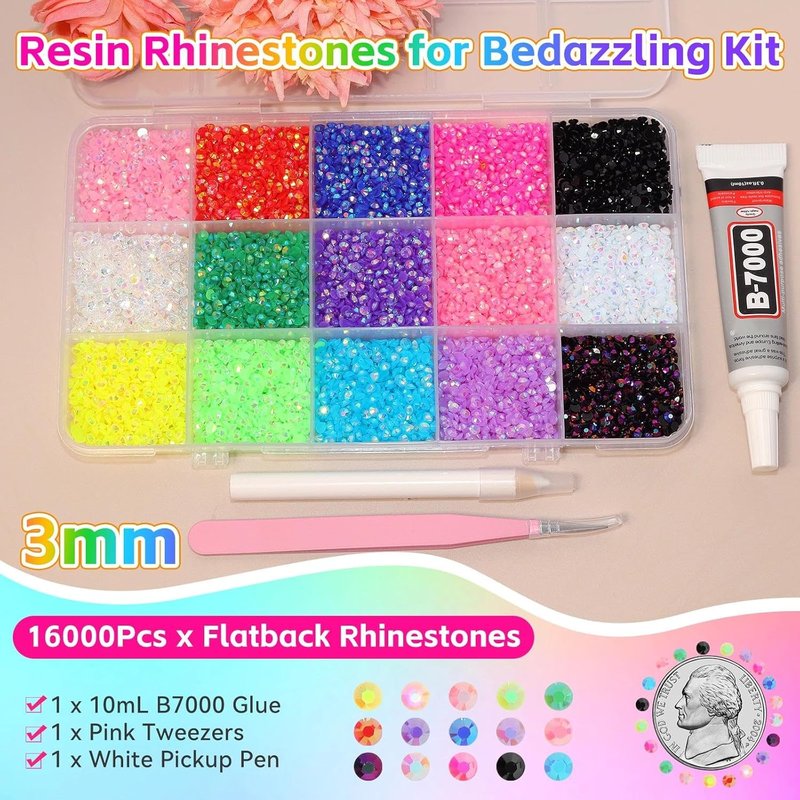 Skiennix 16000 Pcs Color Rhinestones - 3mm Mixed Sizes Flatback Resin Gems for DIY Crafts & Makeup