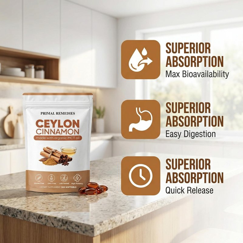 Primal Remedies Ceylon Cinnamon - 300 Softgels with MCT Oil, Highly Bioavailable, Non-GMO, Gluten Free, Vegan Capsules for Metabolism Support