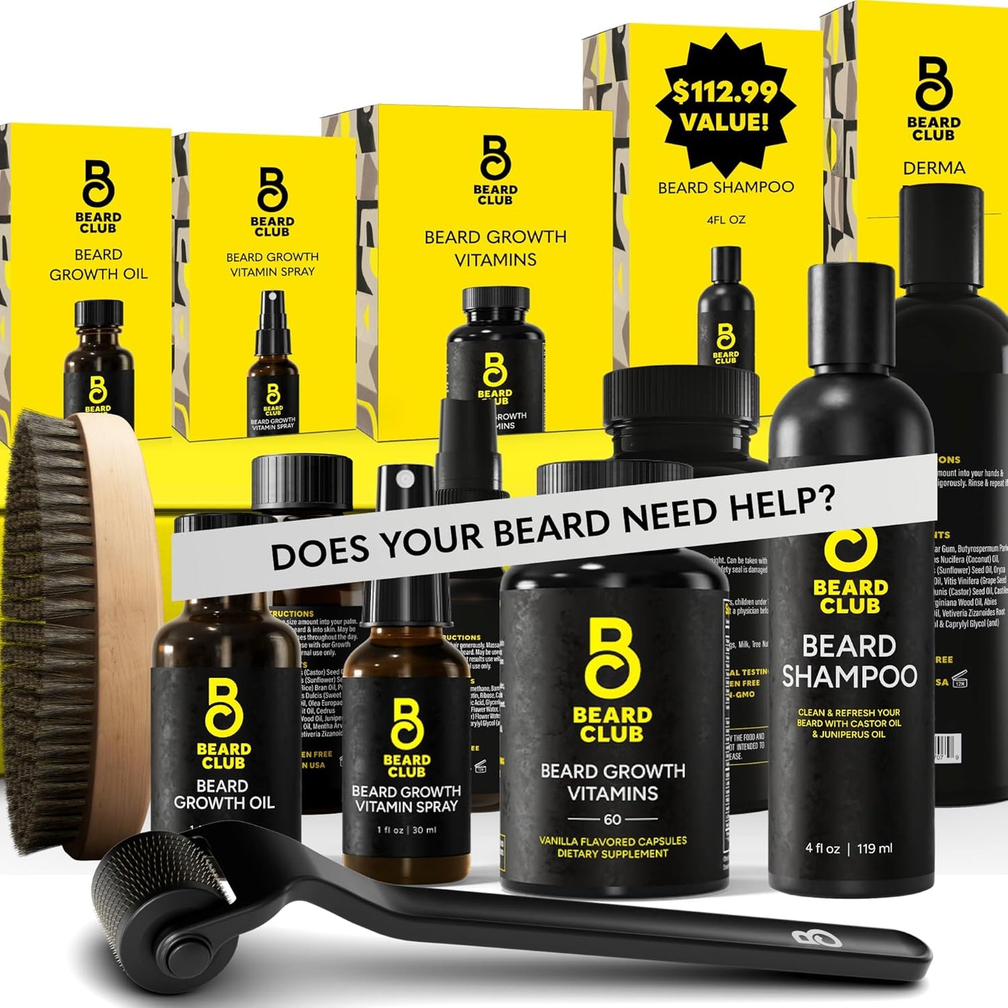 The Beard Club Advanced Beard Growth Kit | Derma Roller, Growth Oil & Vitamins - Cedar Gift Set