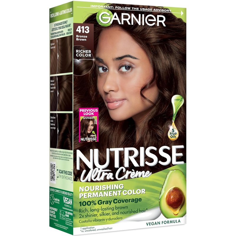 Garnier Nutrisse Ultra Crème Hair Color - Permanent Vegan Dye for 100% Gray Coverage | 413 Bronze Brown