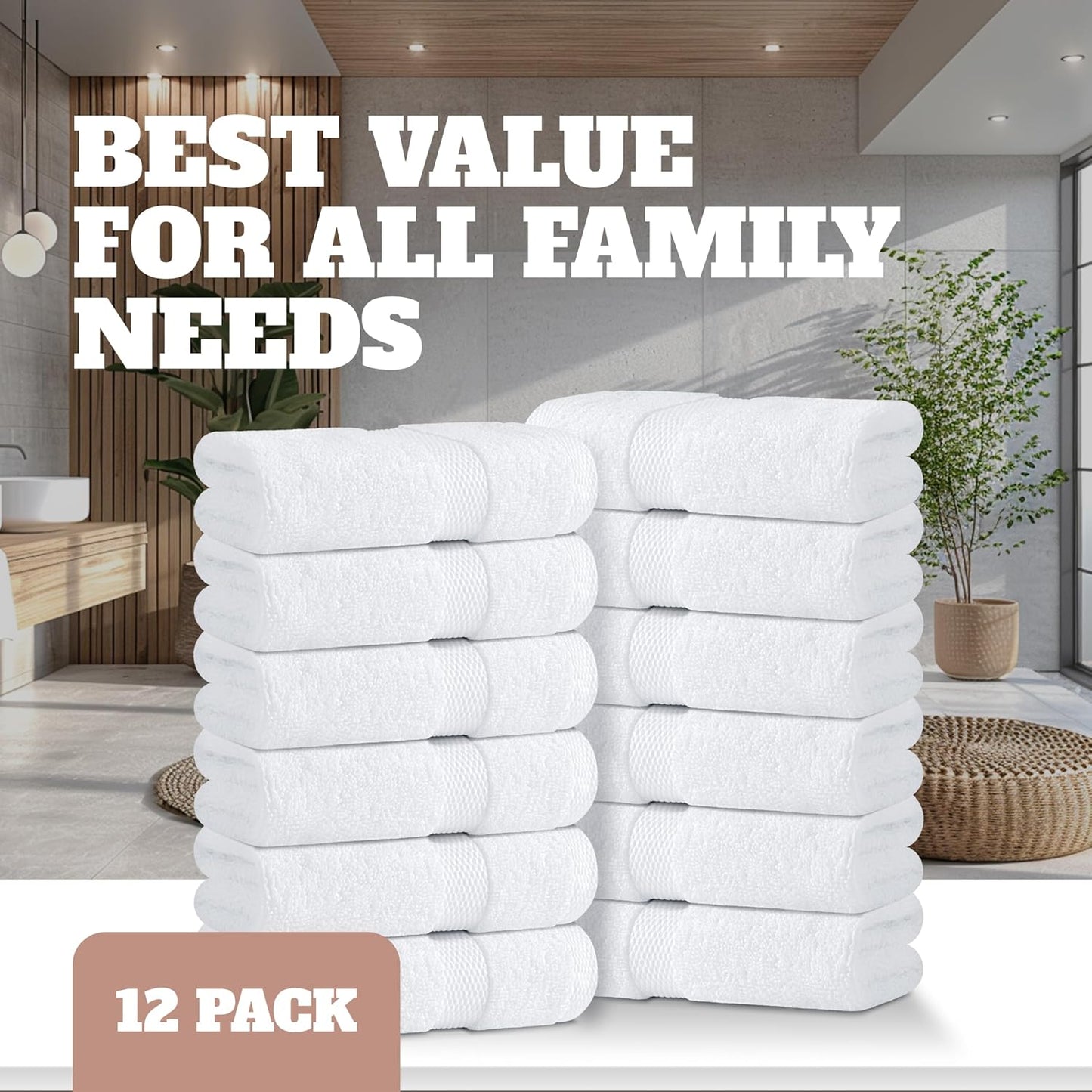 Wealuxe White Washcloths - 600 GSM 100% Ring-Spun Cotton, Highly Absorbent & Soft | 12 Pack, 12x12 Inches
