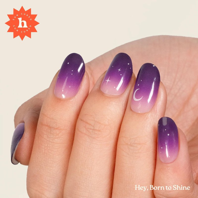 Heyhae Semi Cured Gel Nail Strips | No LED Lamp Needed |Purple, Ombre | Easy Apply & Remove, Salon Quality | Includes 28 Strips, 2 Prep Pads, Nail File & Wooden stick - Hey, Born to Shine