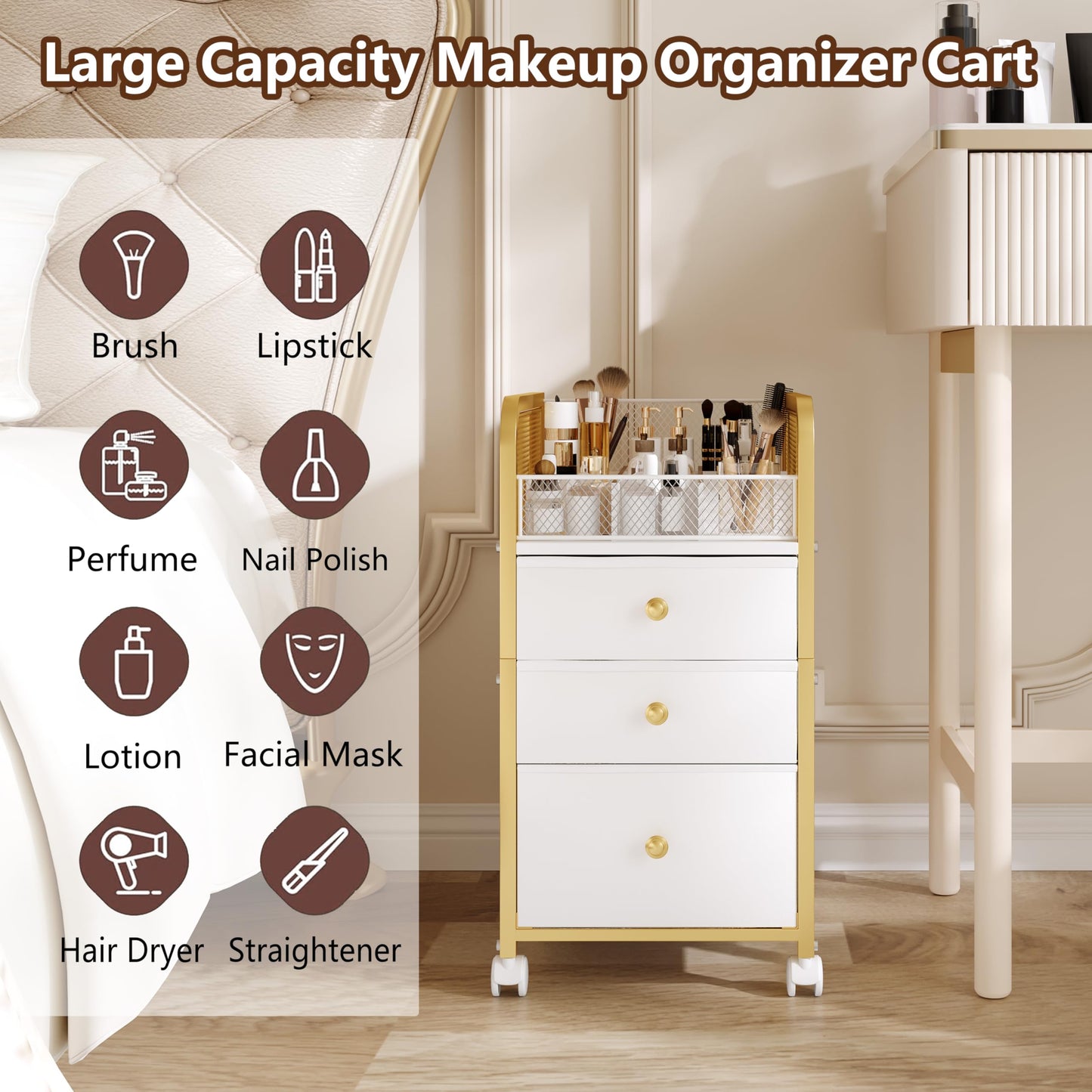 ZQUYAJ Rolling Makeup Organizer Cart with 3 Drawers, Under Desk Vanity Makeup Storage Cart, Bathroom Storage Cart Cosmetic Display Cases Cabinet for Nail Polish, Brushes & Hair Tools, Gold