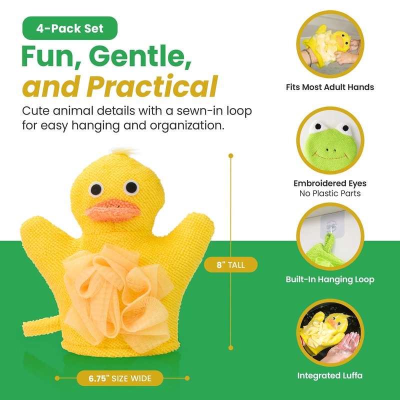 Made Easy Kit Hand Puppet Bath Wash Mitt Towel with Animal Designs with Loofahs for Fun Interactive Bathing Time (Green Yellow Pink Blue)