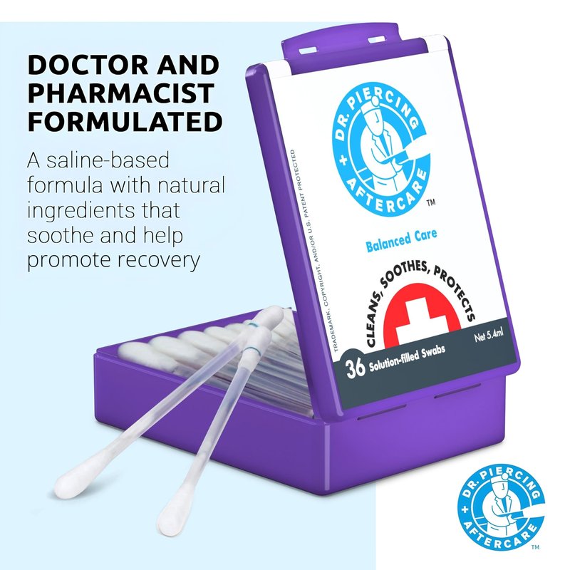 Dr. Piercing Aftercare Swabs - Saline Solution for Piercings - Earring Nose Belly Ear Piercing Cleaner - Saline Wash, Ear Hole Cleaner – Piercing Aftercare Formula - 72 swabs (2-pack)