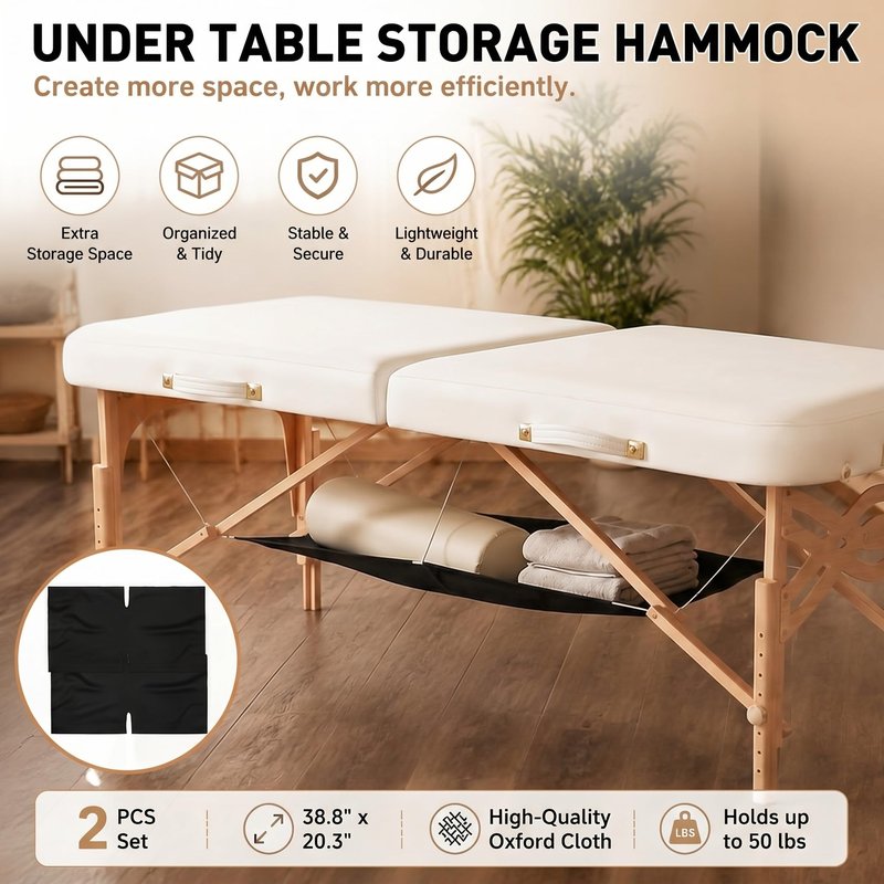 AceOrbit 2 Pcs Massage Table Hammock Accessories Organizer Under Massage Table Desk Storage Shelf for Pillow Sheet Bolster and Accessories, Creates More Space(38.8 x 20.3 Inch,Hook & Loop Fastener)