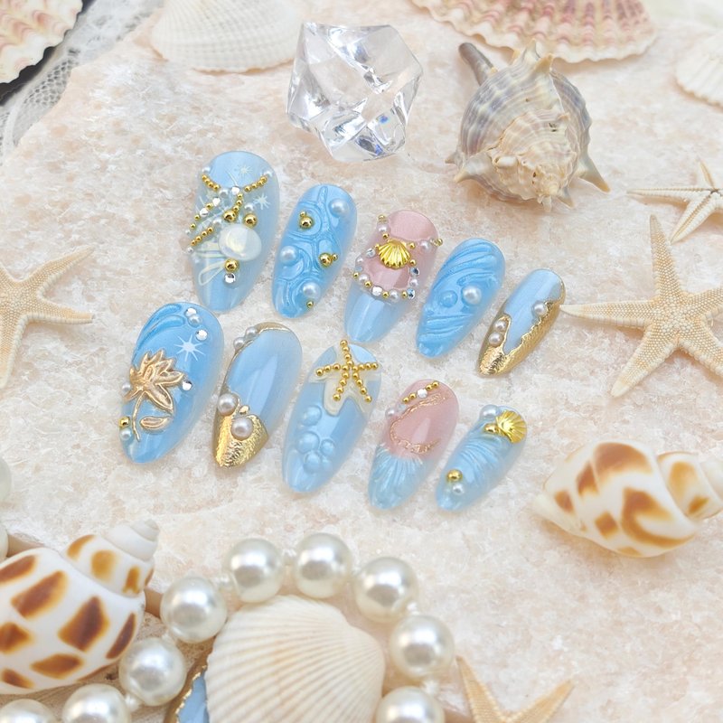 24Pcs Summer Beach Press on Nails Medium Almond Tropical Fake Nails 3D Seashell Starfish with Gems Rhinestones Designs Glitter Ocean Blue Full Cover Glue on Nails French Tip False Nails for Women