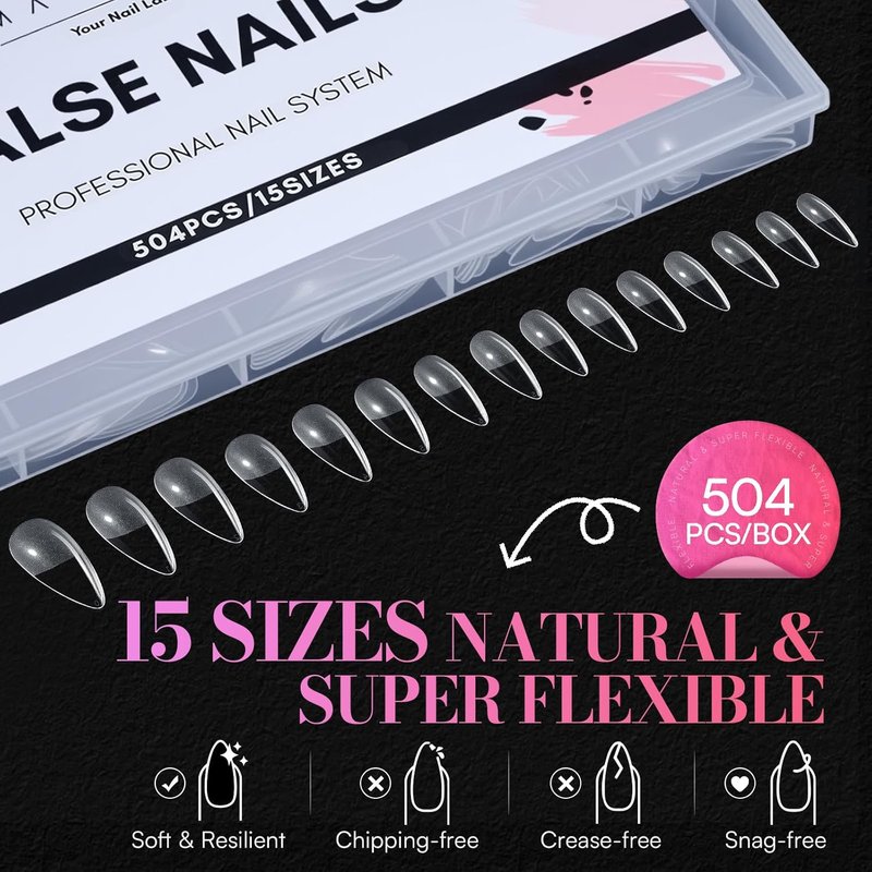 Medium Stiletto Almond Nail Tips - 504 PCS Pre-Etched Clear False Nails | 15 Sizes Full Cover Soft Acrylic Extensions