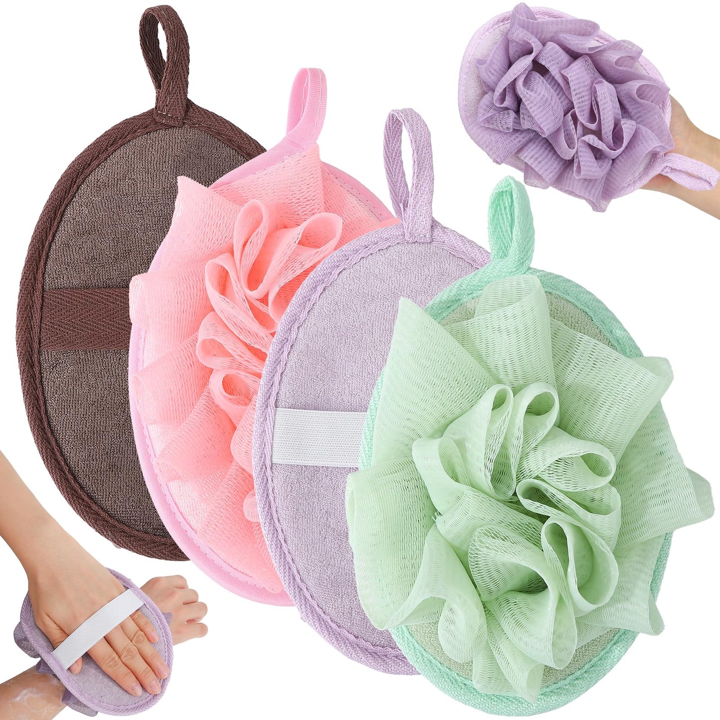 ZhouBoat 4 PCS Exfoliating Bath Sponges Soft Loofah Shower Scrubber with Elastic Hand Strap for Women Men Gentle Skin Cleansing Body Wash Towel Pouf Purple, Pink, Green, Coffee