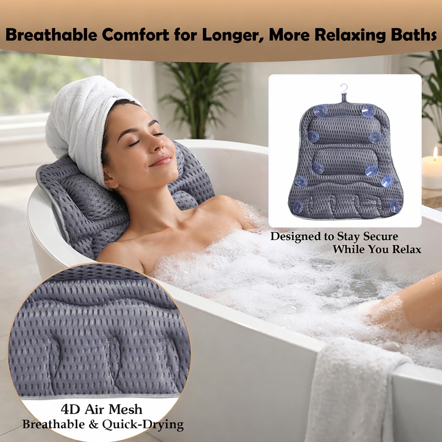 Bath Pillows for Tub, Full-Body Relaxation with Head, Neck & Shoulder Support, Ergonomic Design, 10 Suction Cups, Breathable 4D Air Mesh (Grey)